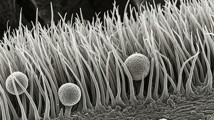 Close-up Scanning Electron Micrograph of Cilia and Alveoli in the Lungs