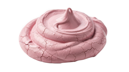 A close-up view of a pink meringue cookie with a cracked surface texture isolated on transparent background