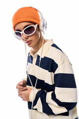 Stylish teenager showcases unique fashion with striped polo and orange hat