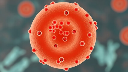 Detailed 3D render of red blood cell with microscopic particles adhering to surface