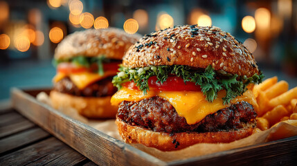 Cheeseburger with melted cheddar, tomato and leafy greens on a sesame bun. Crispy fries sit beside the sandwich on a wooden tray