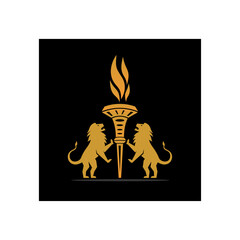 Icon of two lions facing each other and holding the Olympic flame