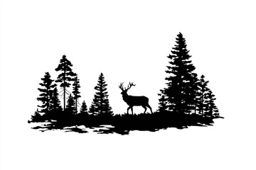 Naklejka premium Silhouette of a majestic deer standing in a pine forest with a white background