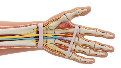 Detailed 3D Medical Illustration of Human Hand Anatomy with Nerves, Bones, and Blood Vessels