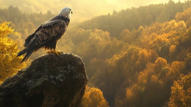 Majestic Eagle Perched on Cliff Over Golden Autumn Forest