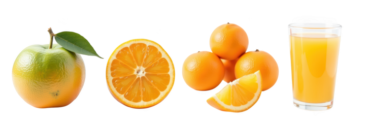 Fresh fruit display includes green apple, orange slices, whole oranges, and glass of orange juice, showcasing vibrant colors and healthy options