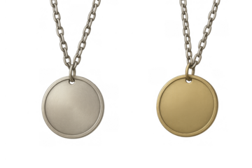 Two blank round metal medallions, one gold, one silver, hanging on metal chains. Transparent background