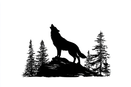 Silhouette of a wolf howling on a rocky outcrop surrounded by pine trees