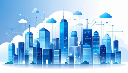 Obraz premium Vector Futuristic Business Center Cityscape with Cloud Data