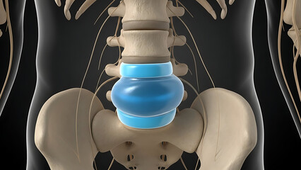 Anatomical illustration of a herniated disc in the lumbar spine