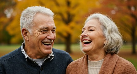 Joyful senior couple sharing a laugh in a vibrant autumn park, enjoying companionship.