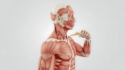 Anatomy of a Man Brushing Teeth and Muscle Groups in Head and Neck