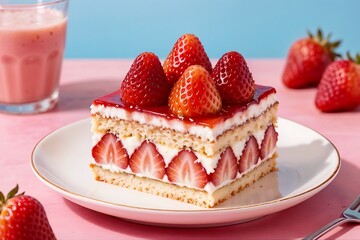 Strawberry Cake Delight: A delectable square cake is adorned with fresh, vibrant strawberries, creating a visually stunning treat, sitting on a white plate.