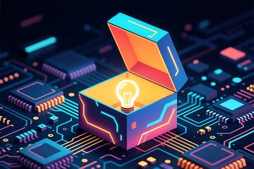 Illuminating Innovation: A glowing light bulb shines brightly within a stylized box, resting upon a circuit board, symbolizing innovation. 