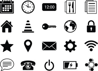 Minimalist black and white icon set for web, app, UI, UX, mobile interface, technology, communication, security, location, settings