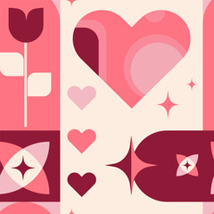 Modern Geometric romantic Pattern with Hearts, Flowers sparkles, and abstract shapes in red, pink, and cream tones for Valentines Day cards, posters, packaging, social media graphics, branding. Vector