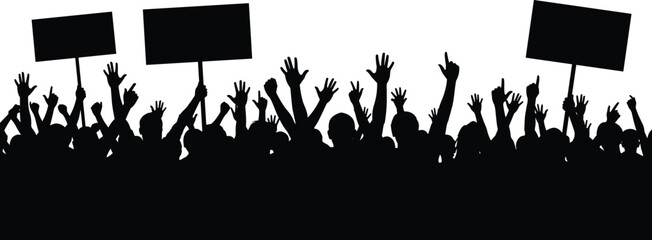 Naklejka premium Silhouette crowd, protest signs, raised hands, demonstration unity, black and white rally, social movement, activism, public gathering, peaceful protest, solidarity
