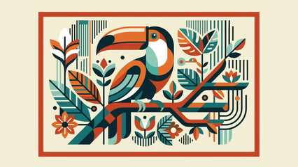 Colorful toucan bird perched on a branch surrounded by vibrant foliage and flowers.