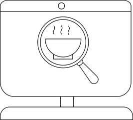 Magnifying glass over steaming bowl on a computer screen, symbolizing online food search.