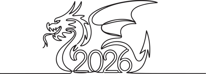 Obraz premium dragon symbol 2026 banner.one line vector illustration with out background.