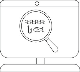 Fishing Focus: Magnifying Glass Over Fish Hook and Waves on Computer Screen