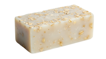 A natural oatmeal soap bar with visible flakes for sensitive skin care on black background isolated on transparent background
