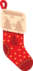 A red Christmas stocking with a tree and snowflakes on it
