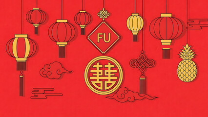 Festive Chinese New Year background with red lanterns, golden prosperity symbols, traditional knots, and auspicious characters, celebrating culture