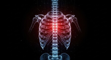 3D rendering of human skeleton showing painful red chest area.
