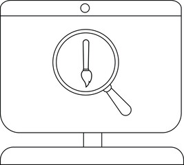 Creative digital art concept with magnifying glass and paintbrush on computer screen.