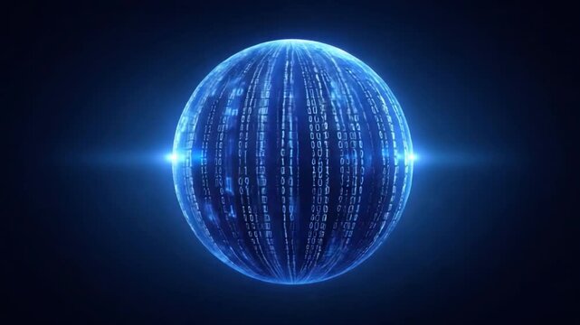 Futuristic Digital Sphere with Binary Code Patterns and Glowing Elements in Deep Blue Background 4k video footage