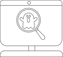 A spooky ghost under magnifying glass on a computer screen, perfect for Halloween themes.