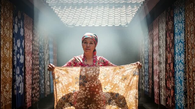 A woman displays a batik fabric in a workshop surrounded by colorful cloths during daylight
