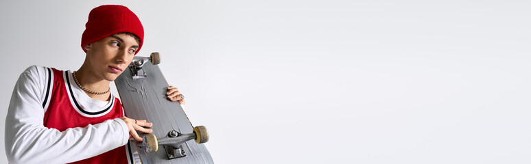 Trendy teenager sports hip hop fashion with skateboard in urban style