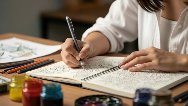 Person is drawing and coloring in a sketchbook while using various art supplies on a table
