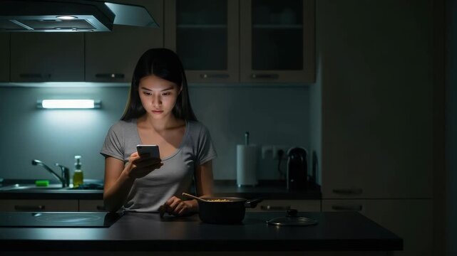 Woman stands in dark kitchen at night reading on her phone while food cooks on the stove