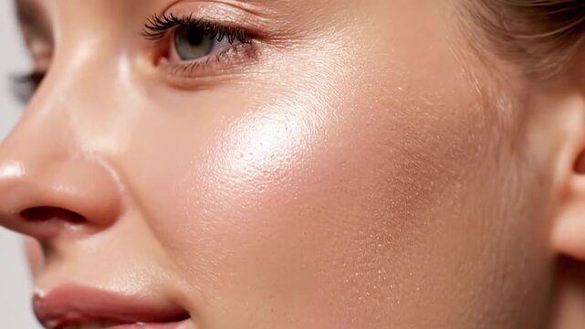 Elevated beauty design A close-up portrayal of a woman's luminous, healthy skin, showcasing radiant highlights and a naturally glowing complexion for a perfect finish
