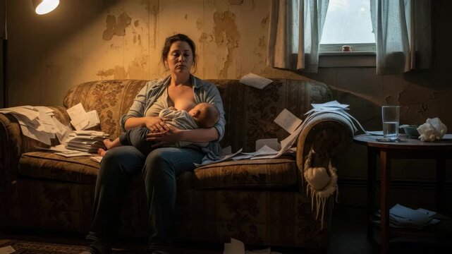 Mother holds infant on couch surrounded by papers in a cluttered living space with dim light