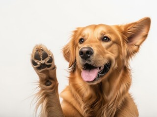 A golden retriever dog with one paw raised in a friendly gesture isolated on white background