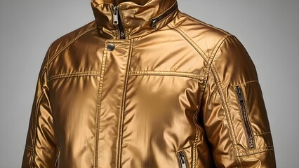 Metallic gold bomber style jacket with glossy finish, high collar and multiple zip pockets, fashion forward outerwear piece highlighting bold urban street style and statement shine on neutral studio b