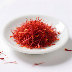 Fototapeta premium Close-Up of Premium Saffron Threads in Wooden Spoon on Dark Red Background 