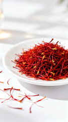 Naklejka premium Close-Up of Premium Saffron Threads in Wooden Spoon on Dark Red Background 