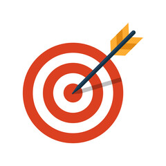 Arrow hitting a target icon in flat style. Success goal vector illustration on isolated background. Darts game sign business concept.