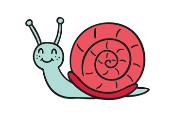 cartoon colorful cute snail icon doodle hand drawn icon. Outline funny snail character with smile line drawing clipart symbol