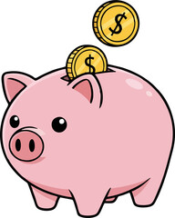 Cute pink piggy bank illustration with golden coins dropping in, flat cartoon savings icon