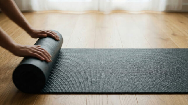 Close-up of female hands rolling up black yoga or pilates mat on wooden floor after workout. Home fitness and healthy lifestyle.