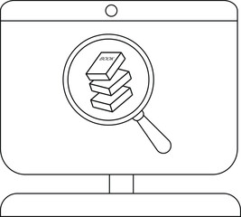Illustration of magnifying glass over books on a computer screen for education and research.