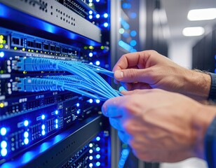 Close Up Of Hands Connecting Blue Ethernet Cables In A Server Room With Blinking Blue Lights And Racks Of Equipment