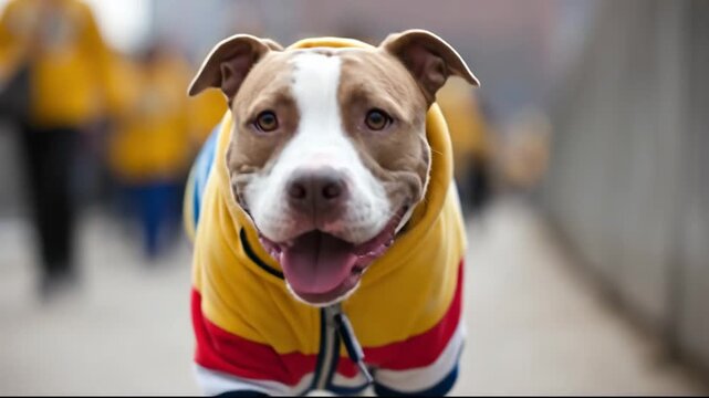 A happy pitbull dog wearing a colorful hoodie, walking on a city street.