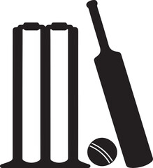 Cricket Equipment Silhouette Icon Bat, Stumps and Ball
